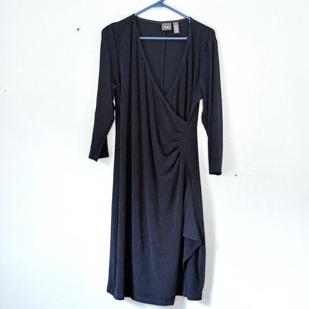 Chicos Travelers Dress 1 Medium Navy Blue Long Sleeve Faux Wrap Slinky Packable